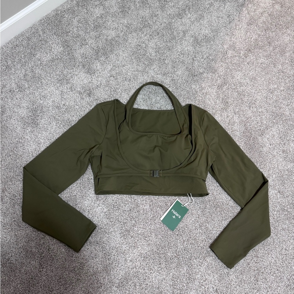NWT Halara SoftlyZero Plush Halter Thumb Hole Long Sleeve Cropped 2-in-1 Top, XL